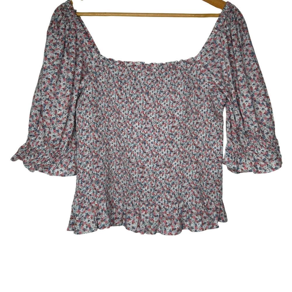 GAP Puff Sleeve Smocked Peplum Top Floral Peasant Blouse Large Cottagecore NWT - Picture 4 of 14